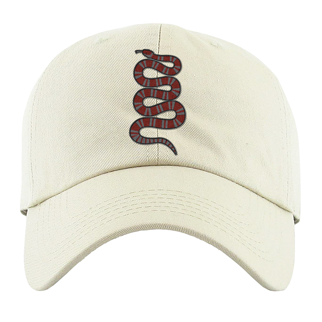 Dark Grey Varsity Red Low 1s Dad Hat | Coiled Snake, White