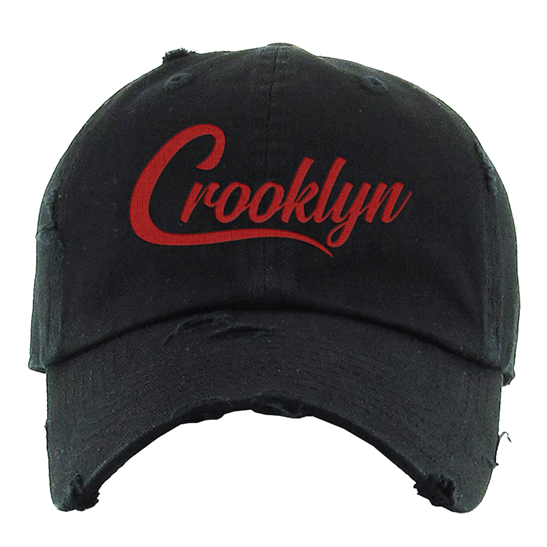 Dark Grey Varsity Red Low 1s Distressed Dad Hat | Crooklyn, Black