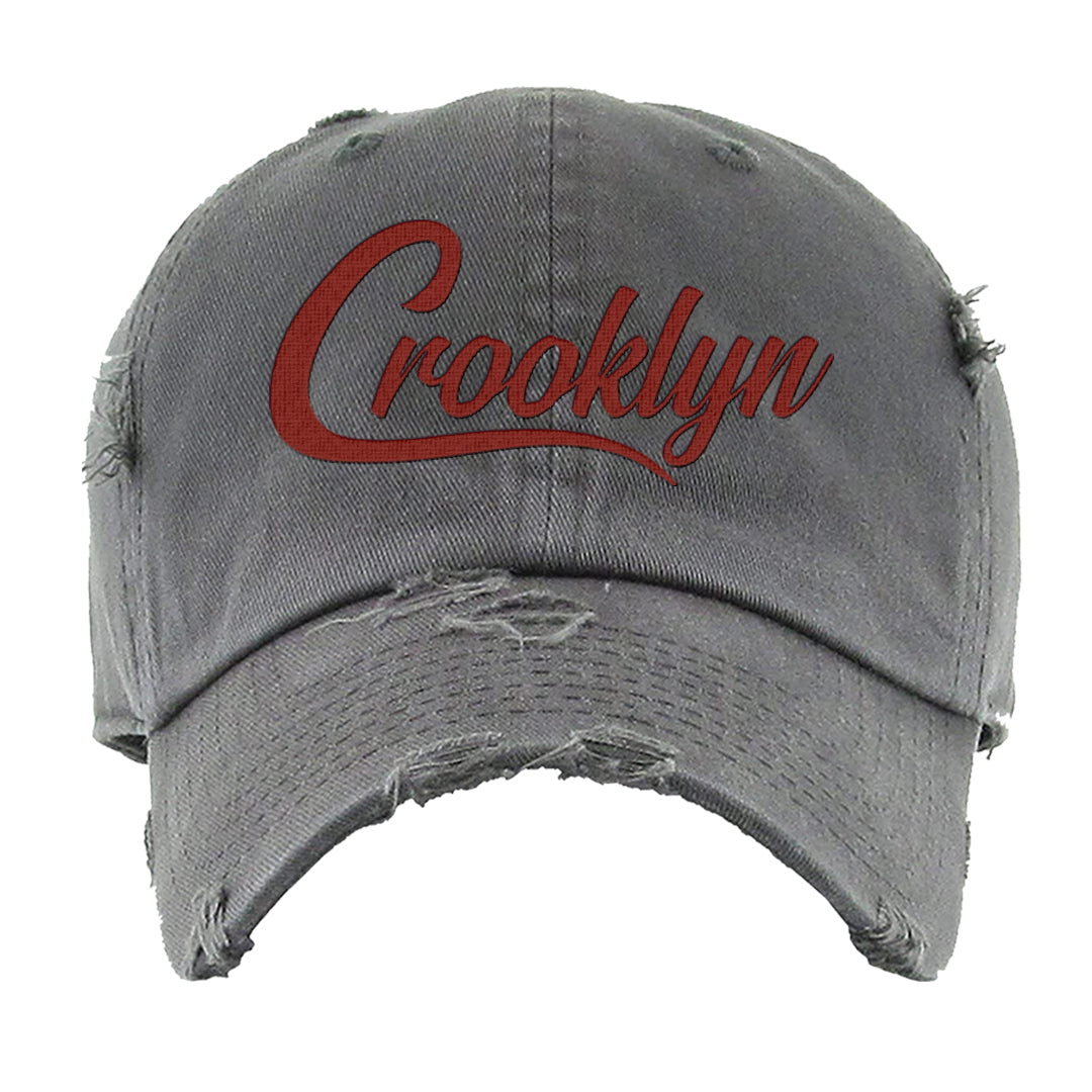 Dark Grey Varsity Red Low 1s Distressed Dad Hat | Crooklyn, Dark Grey