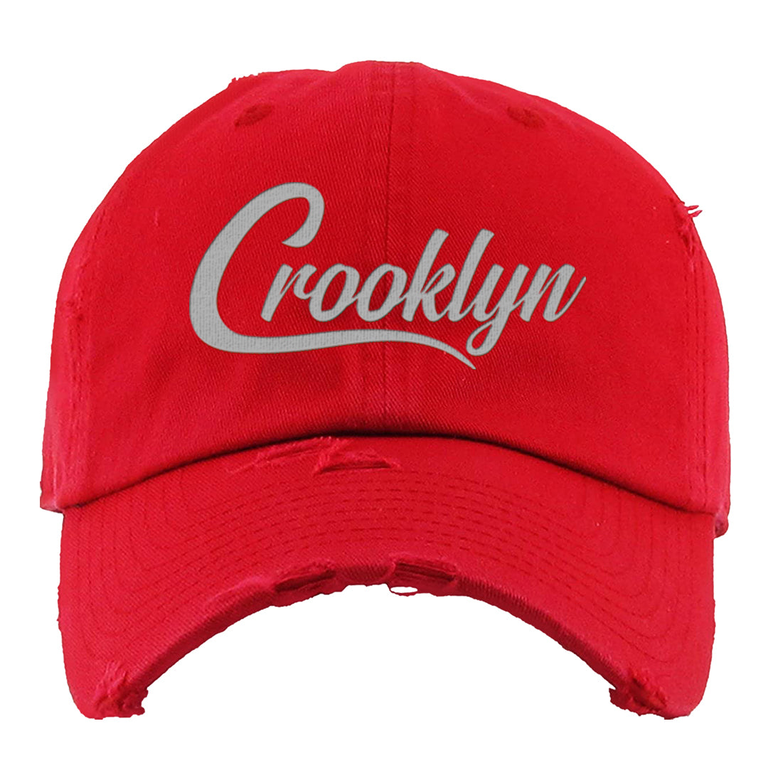 Dark Grey Varsity Red Low 1s Distressed Dad Hat | Crooklyn, Red