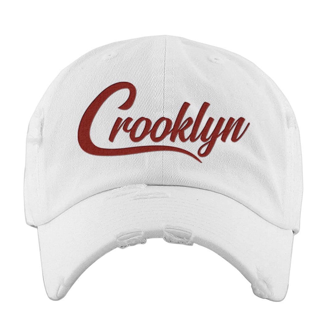 Dark Grey Varsity Red Low 1s Distressed Dad Hat | Crooklyn, White