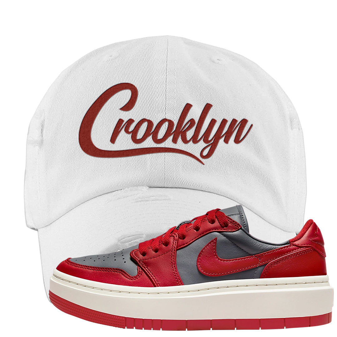 Dark Grey Varsity Red Low 1s Distressed Dad Hat | Crooklyn, White
