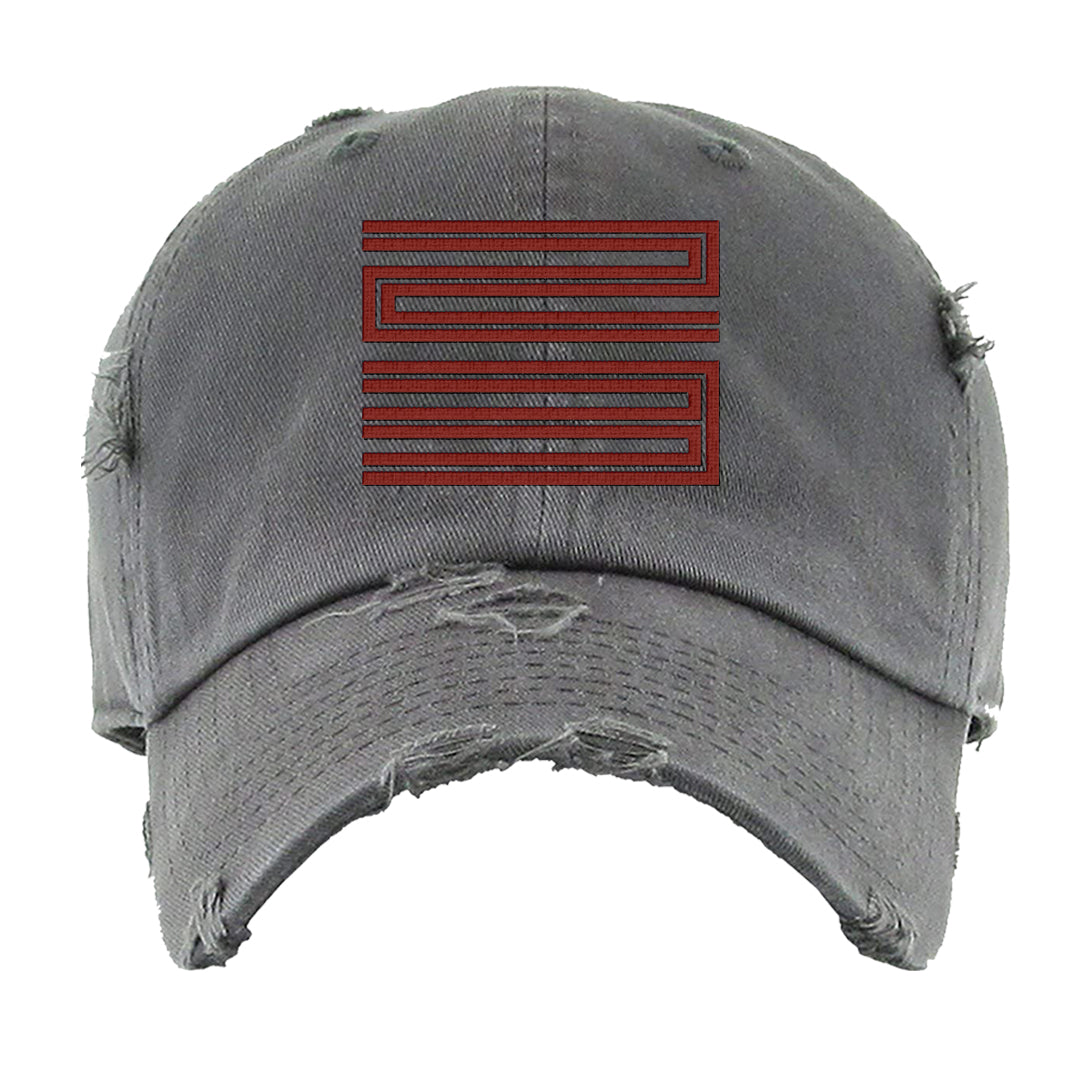 Dark Grey Varsity Red Low 1s Distressed Dad Hat | Double Line 23, Dark Grey