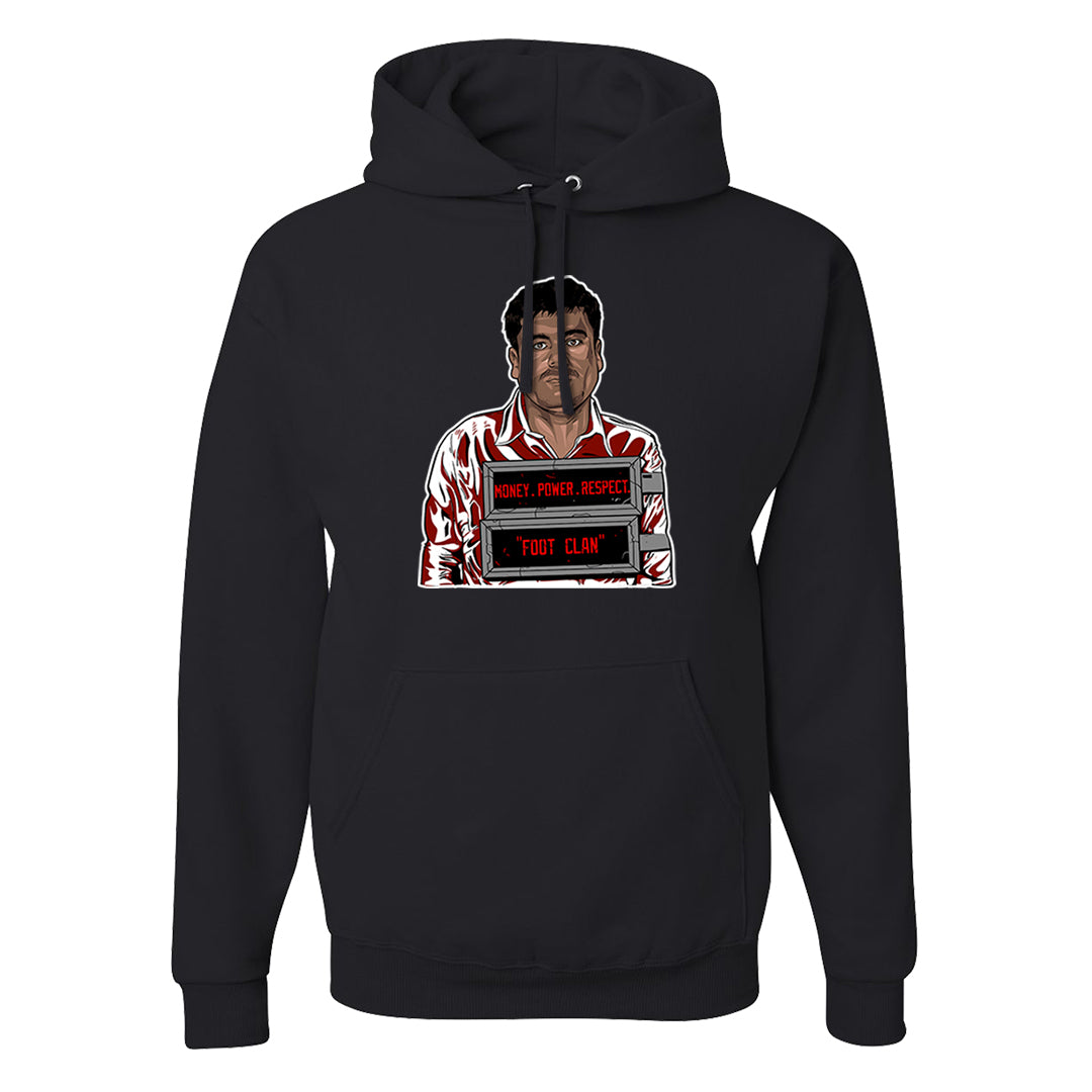 Dark Grey Varsity Red Low 1s Hoodie | El Chapo Illustration, Black