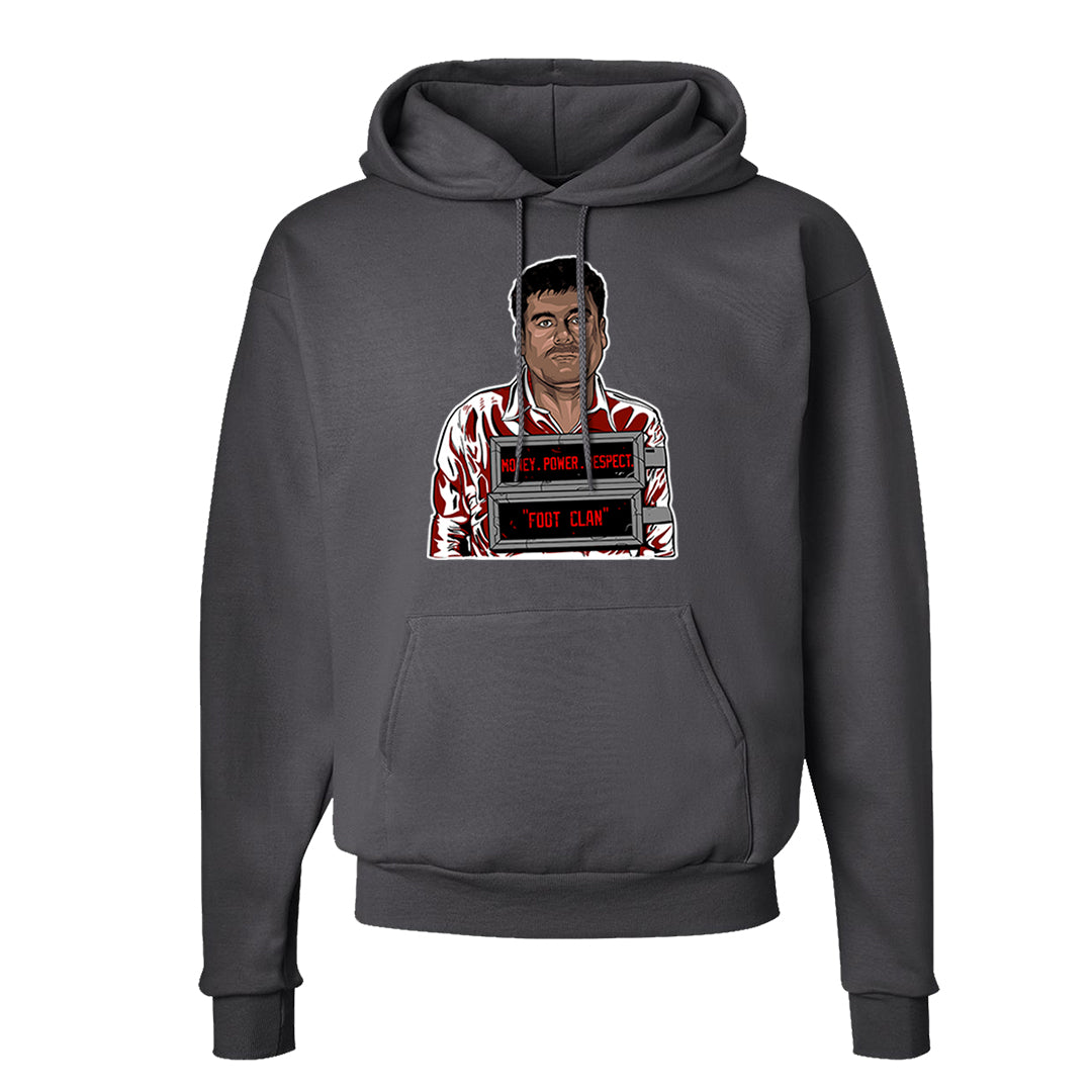 Dark Grey Varsity Red Low 1s Hoodie | El Chapo Illustration, Smoke Grey