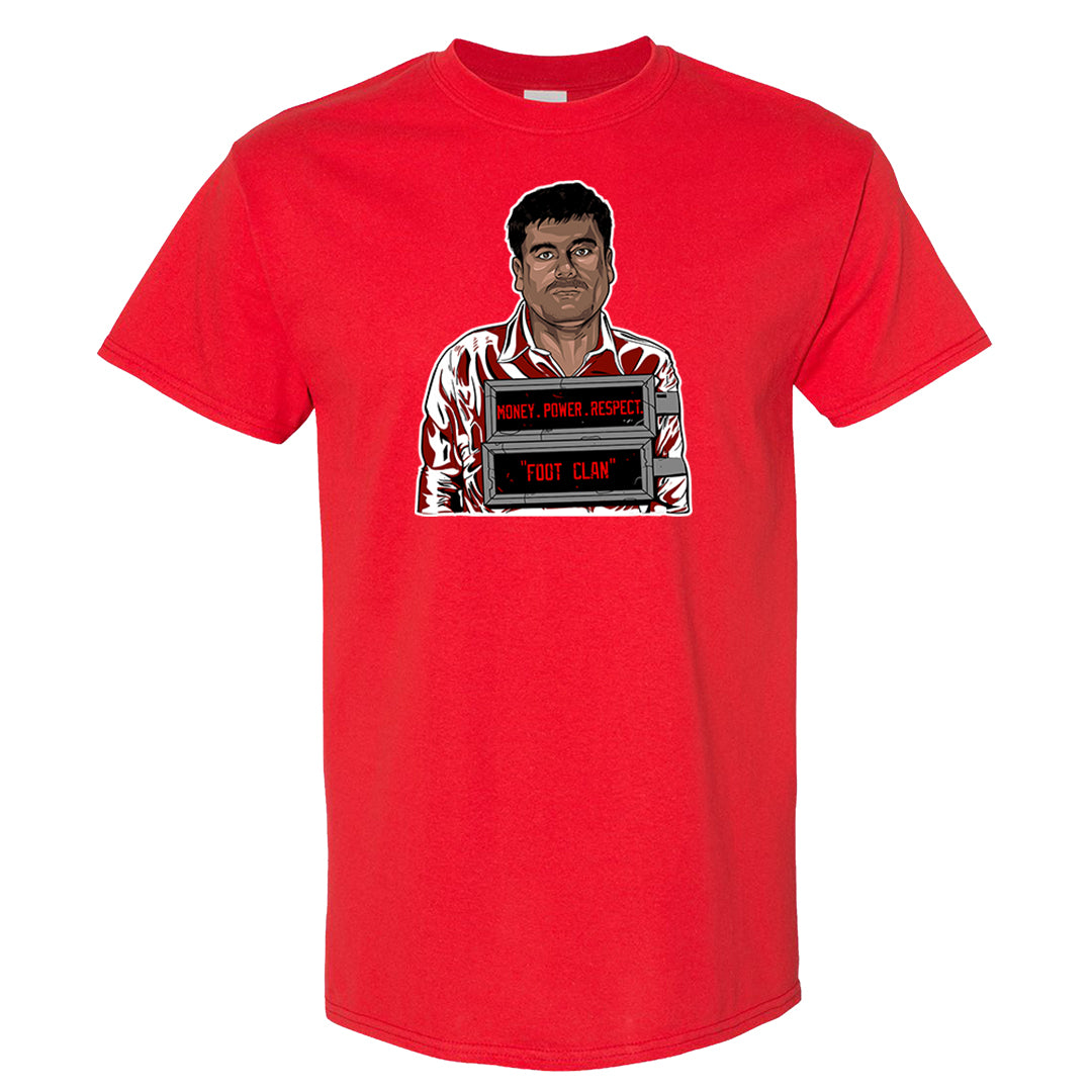 Dark Grey Varsity Red Low 1s T Shirt | El Chapo Illustration, Red