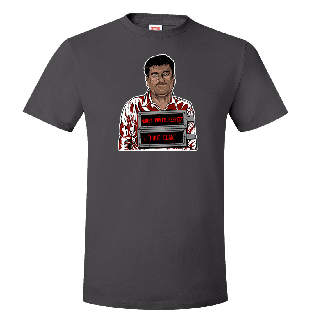 Dark Grey Varsity Red Low 1s T Shirt | El Chapo Illustration, Smoke Grey