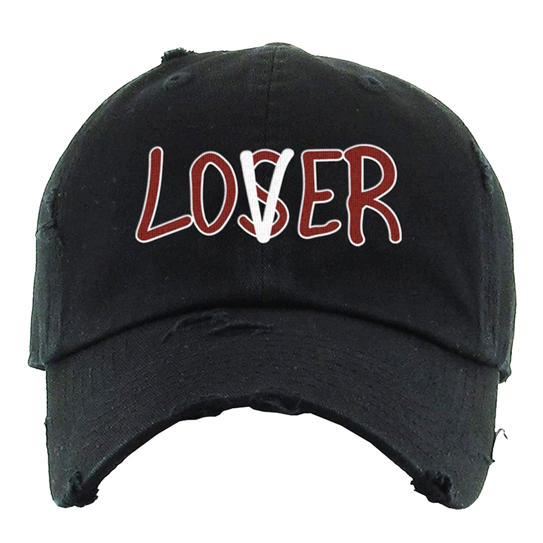 Dark Grey Varsity Red Low 1s Distressed Dad Hat | Lover, Black