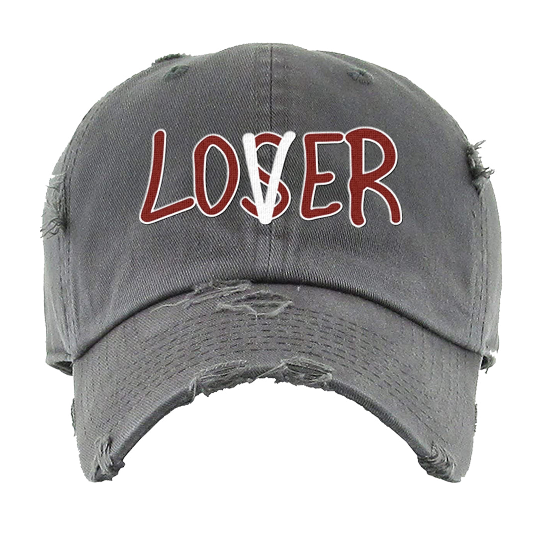 Dark Grey Varsity Red Low 1s Distressed Dad Hat | Lover, Dark Grey