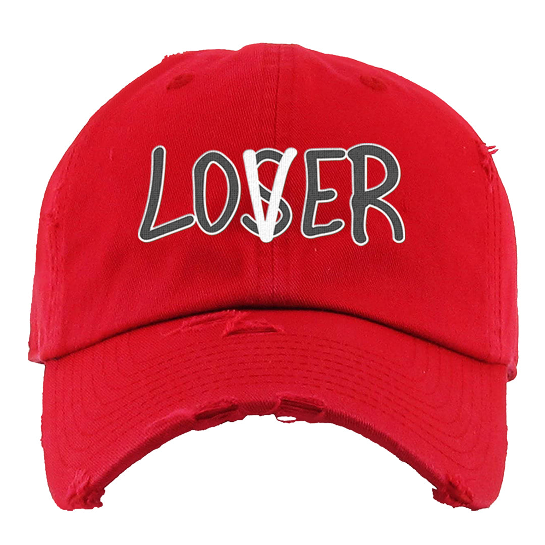 Dark Grey Varsity Red Low 1s Distressed Dad Hat | Lover, Red