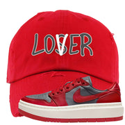 Dark Grey Varsity Red Low 1s Distressed Dad Hat | Lover, Red