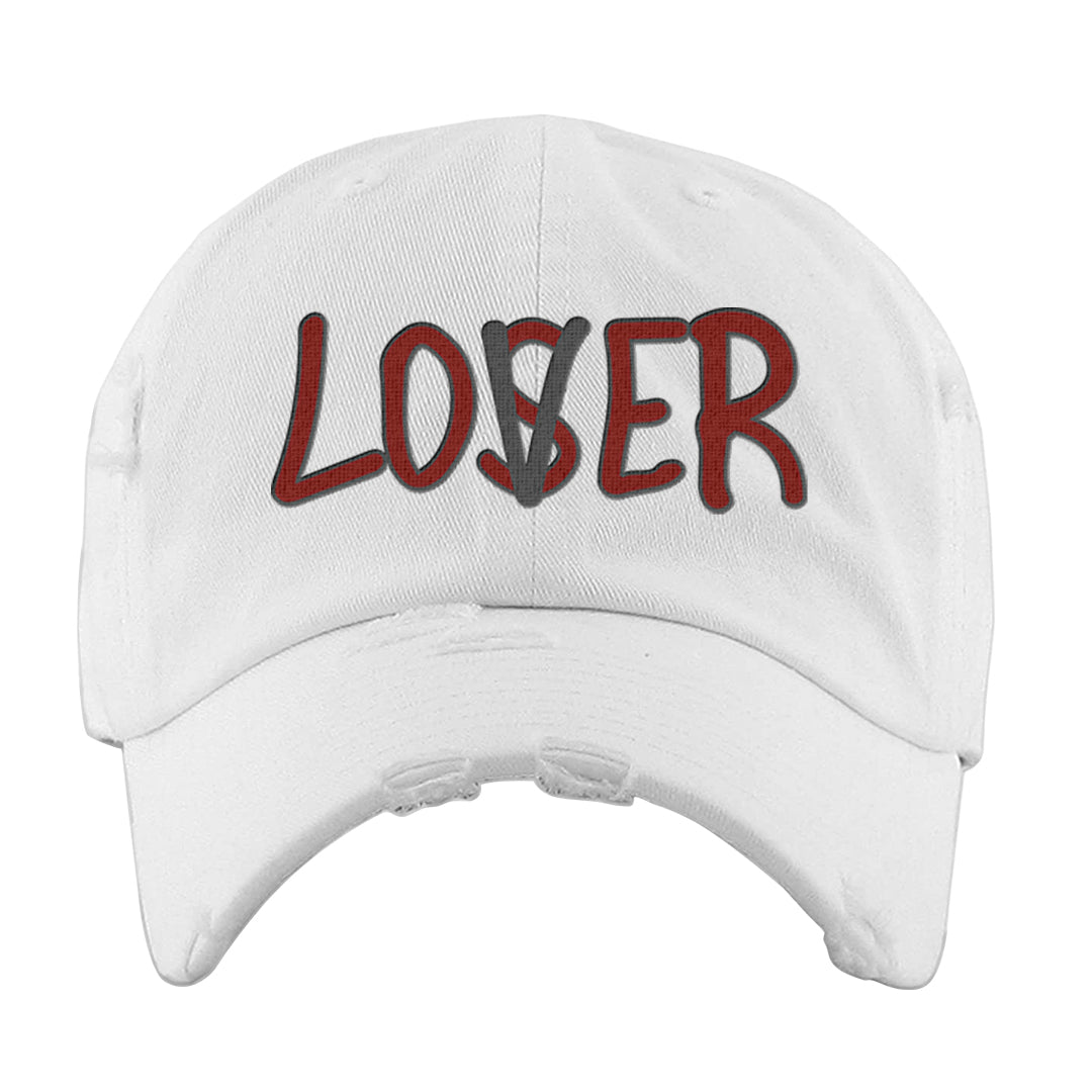 Dark Grey Varsity Red Low 1s Distressed Dad Hat | Lover, White