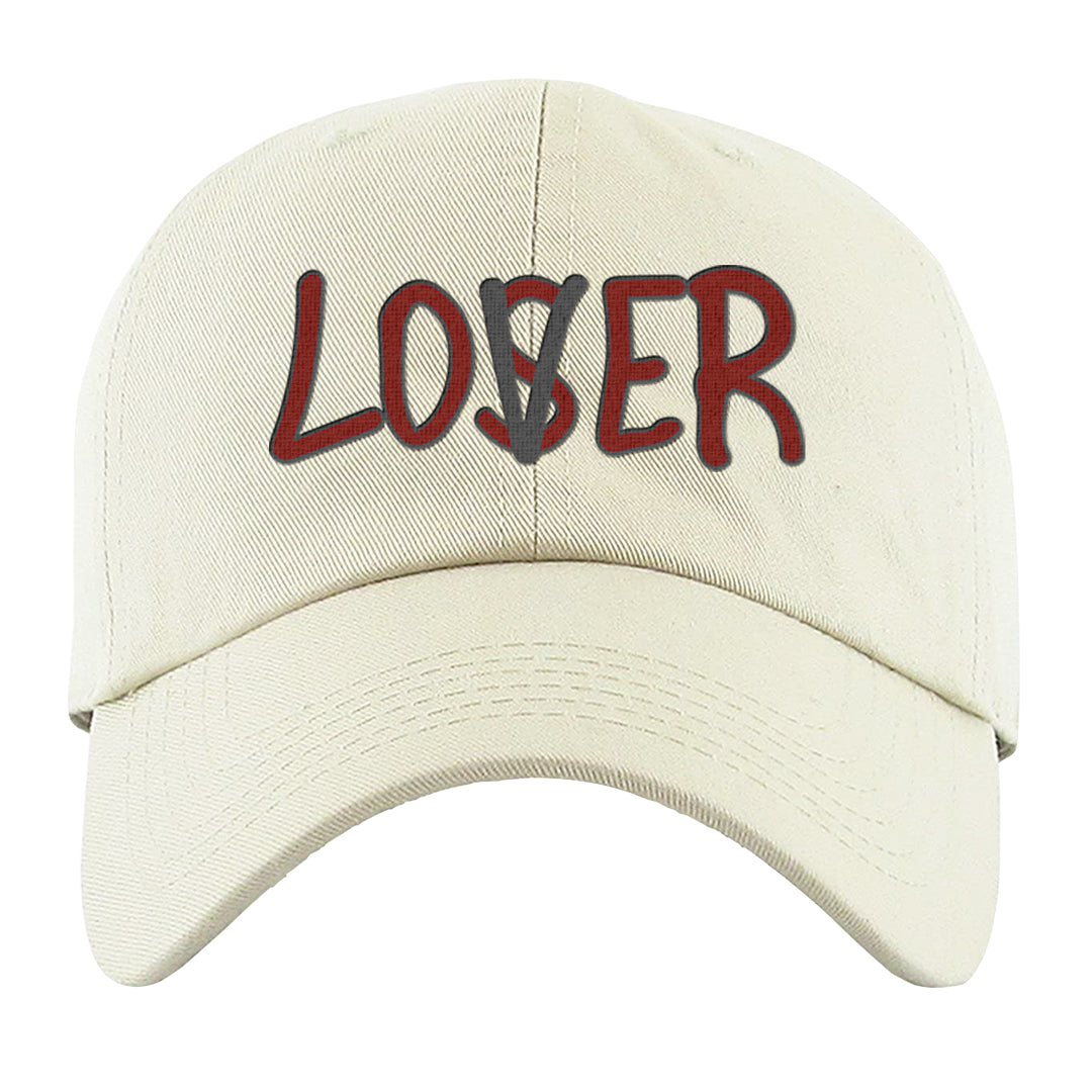 Dark Grey Varsity Red Low 1s Dad Hat | Lover, White