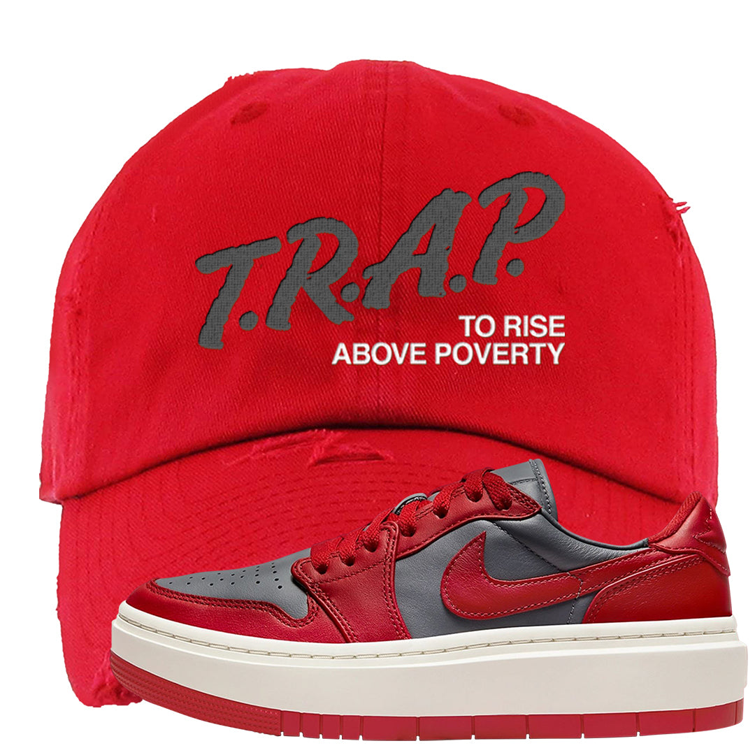 Dark Grey Varsity Red Low 1s Distressed Dad Hat | Trap To Rise Above Poverty, Red