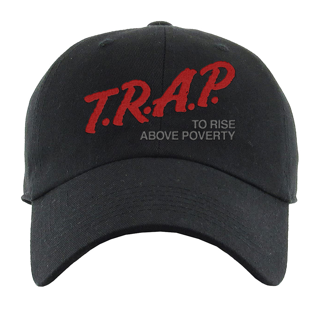 Dark Grey Varsity Red Low 1s Dad Hat | Trap To Rise Above Poverty, Black