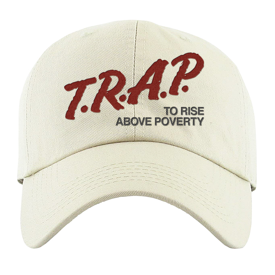 Dark Grey Varsity Red Low 1s Dad Hat | Trap To Rise Above Poverty, White