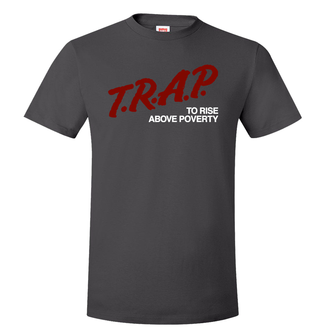 Dark Grey Varsity Red Low 1s T Shirt | Trap To Rise Above Poverty, Smoke Grey