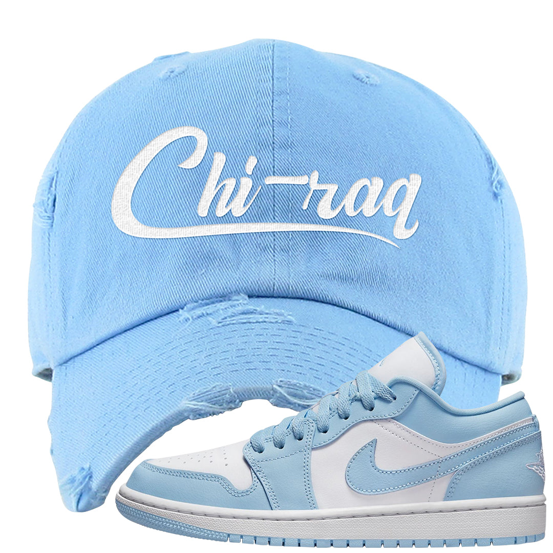 Ice Blue Low 1s Distressed Dad Hat | Chiraq, Sky Blue