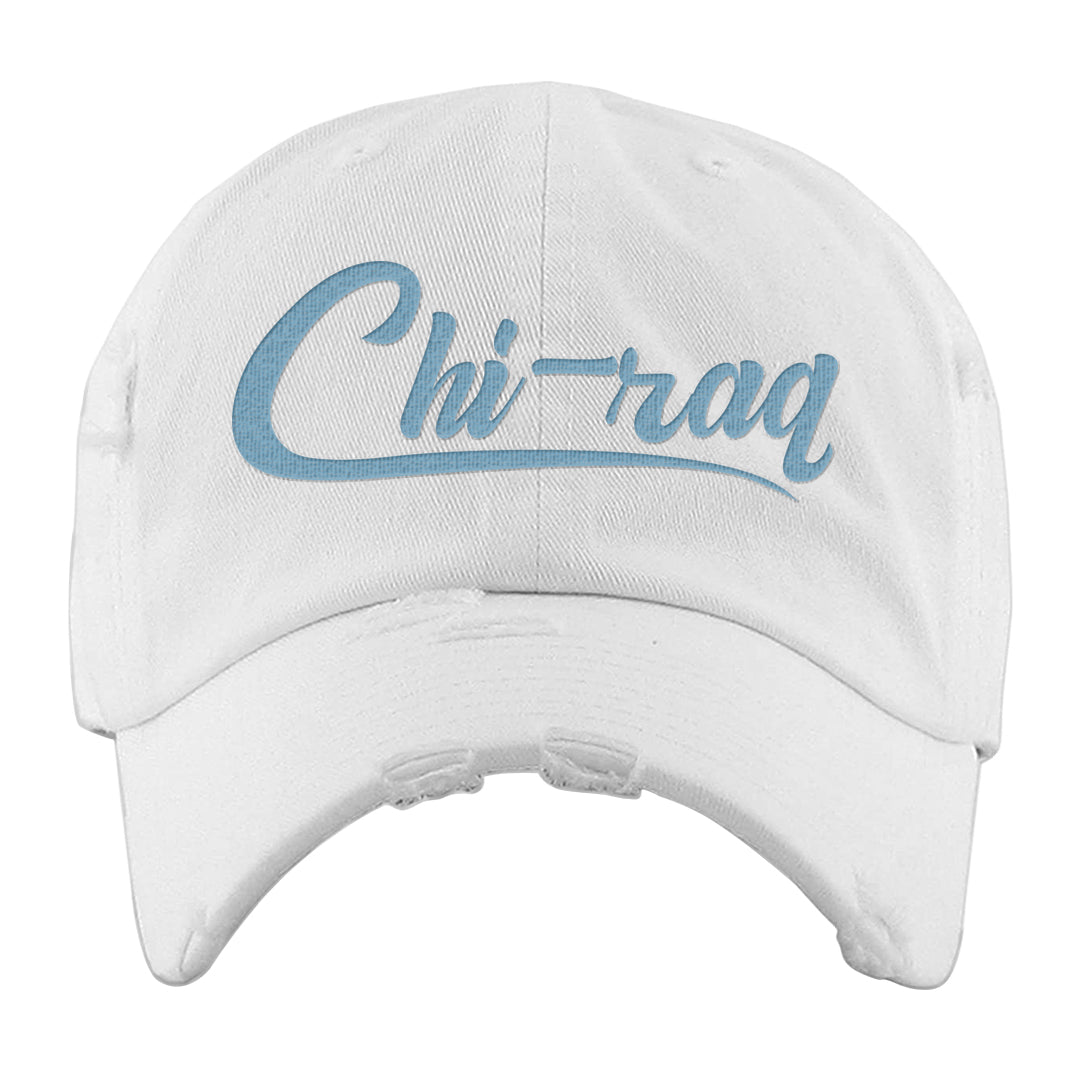 Ice Blue Low 1s Distressed Dad Hat | Chiraq, White