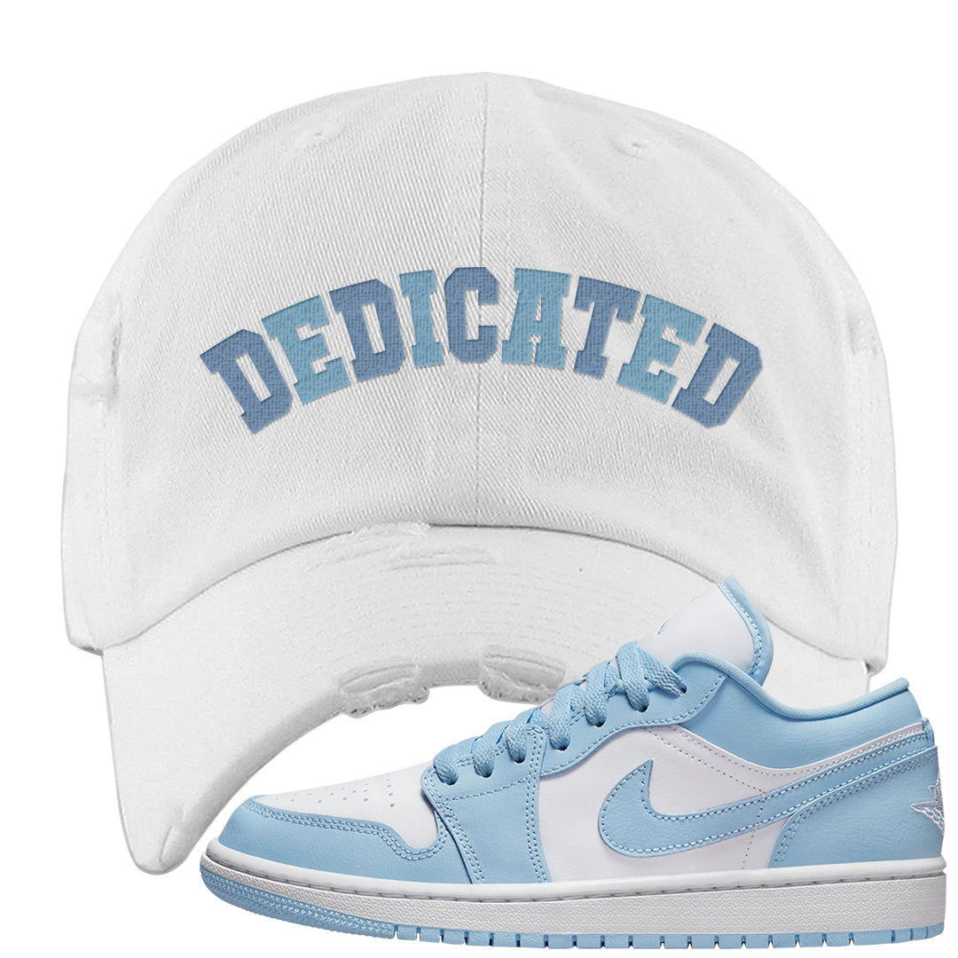 Ice Blue Low 1s Distressed Dad Hat | Dedicated, White