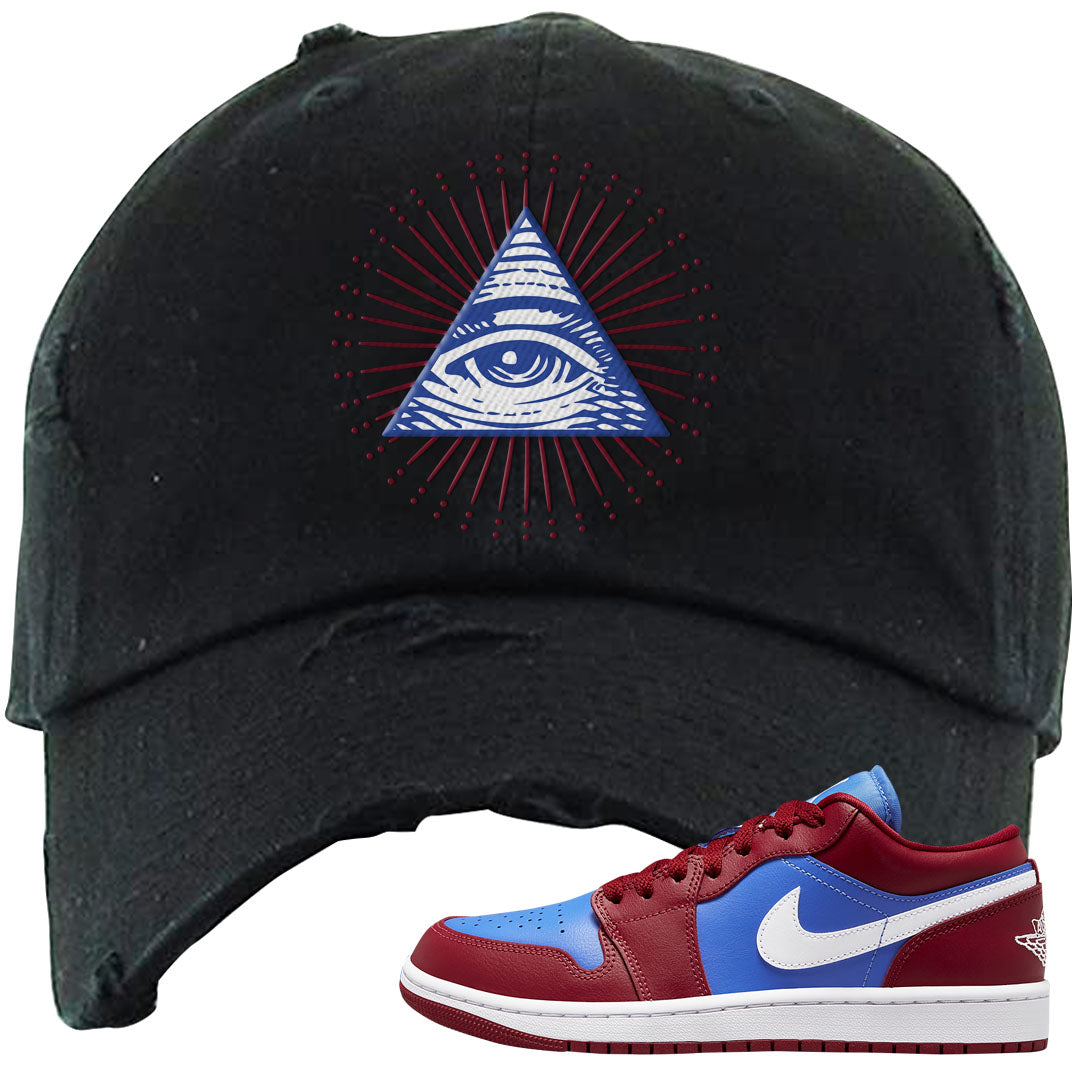 Pomegranate Medium Blue White Low 1s Distressed Dad Hat | All Seeing Eye, Black