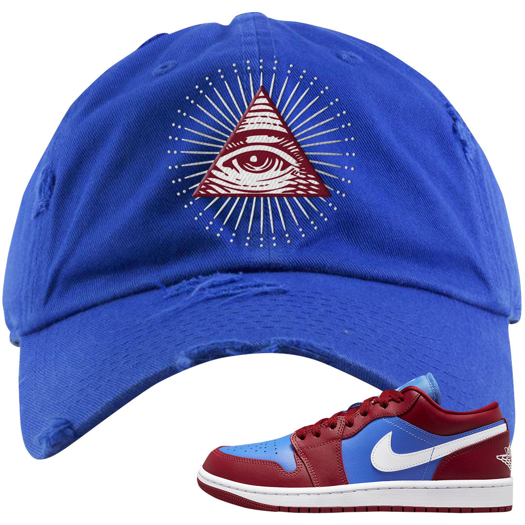 Pomegranate Medium Blue White Low 1s Distressed Dad Hat | All Seeing Eye, Royal