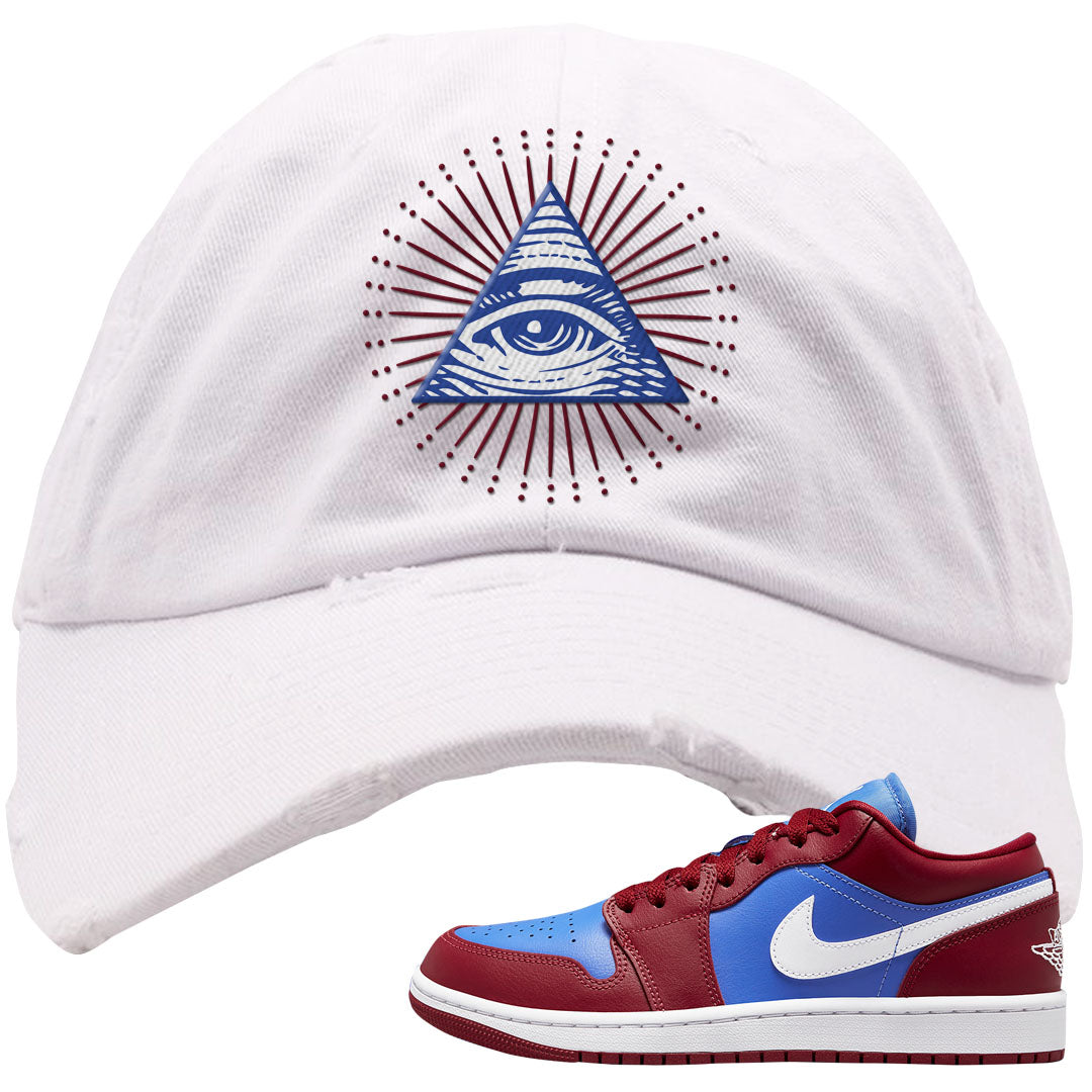 Pomegranate Medium Blue White Low 1s Distressed Dad Hat | All Seeing Eye, White