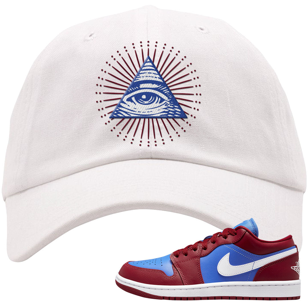 Pomegranate Medium Blue White Low 1s Dad Hat | All Seeing Eye, White