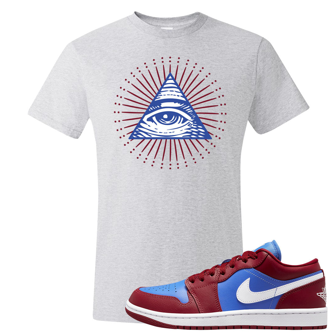 Pomegranate Medium Blue White Low 1s T Shirt | All Seeing Eye, Ash