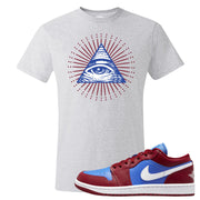 Pomegranate Medium Blue White Low 1s T Shirt | All Seeing Eye, Ash