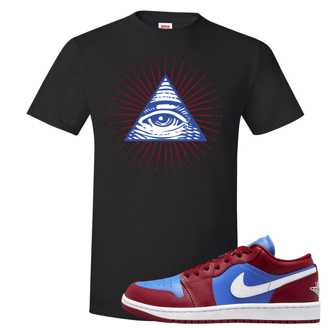 Pomegranate Medium Blue White Low 1s T Shirt | All Seeing Eye, Black