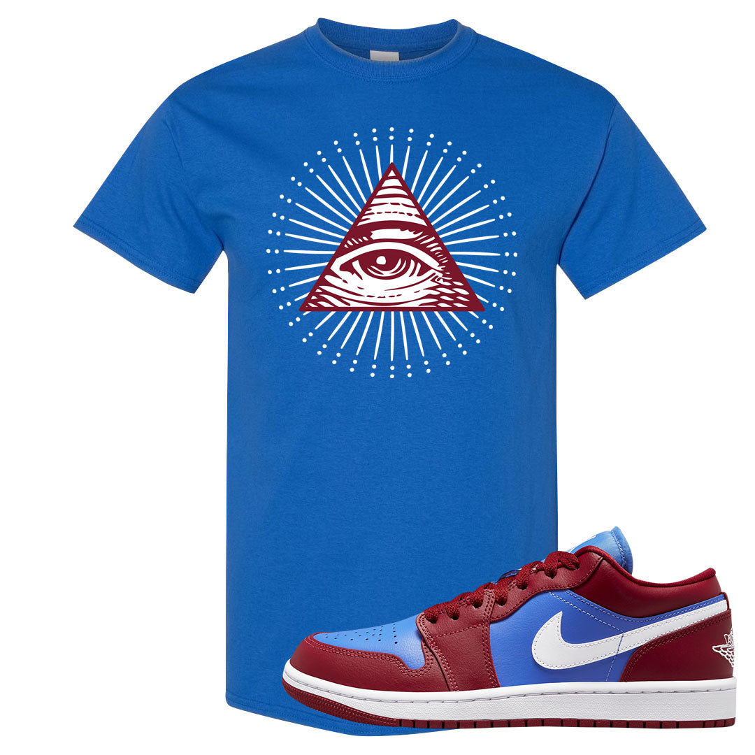 Pomegranate Medium Blue White Low 1s T Shirt | All Seeing Eye, Royal