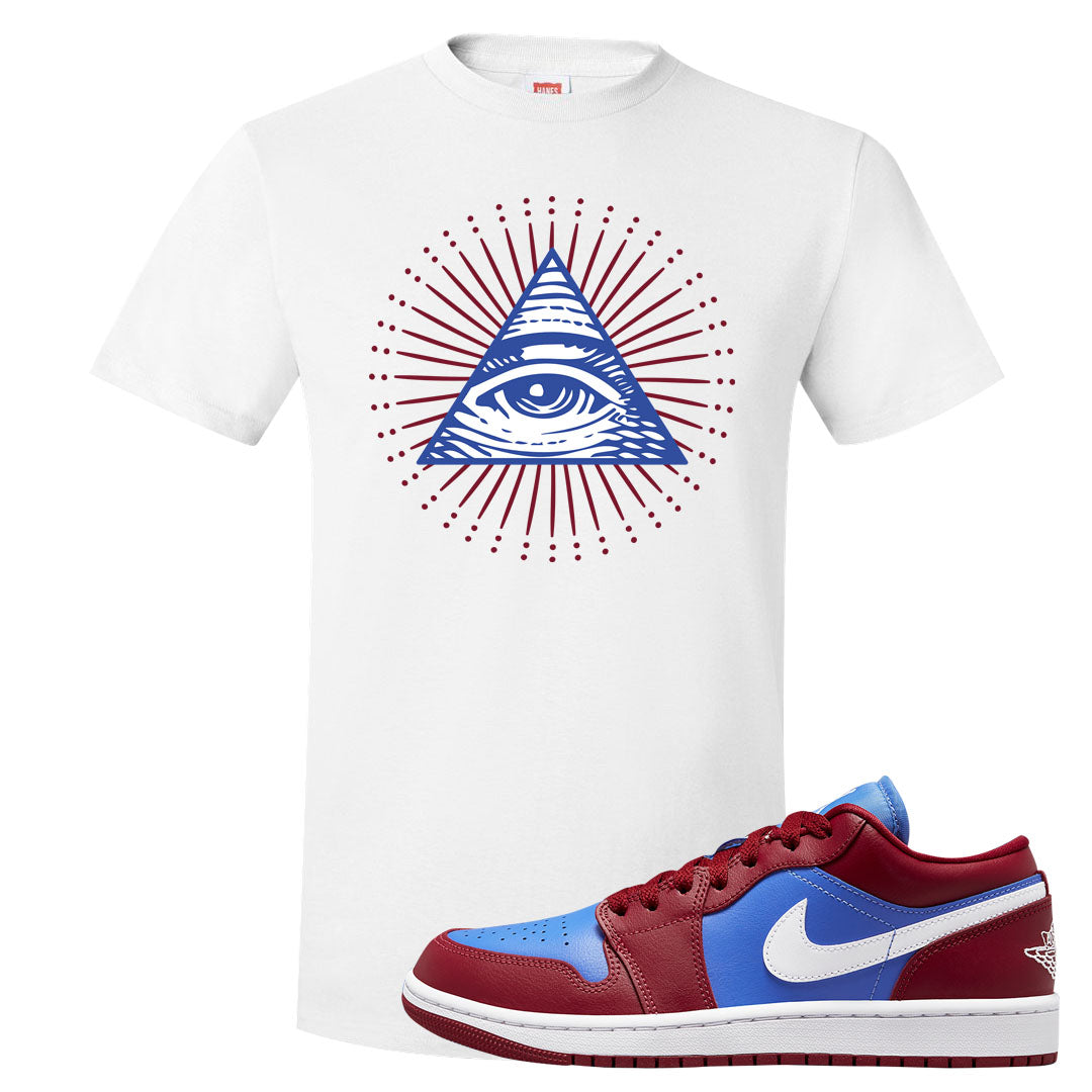 Pomegranate Medium Blue White Low 1s T Shirt | All Seeing Eye, White