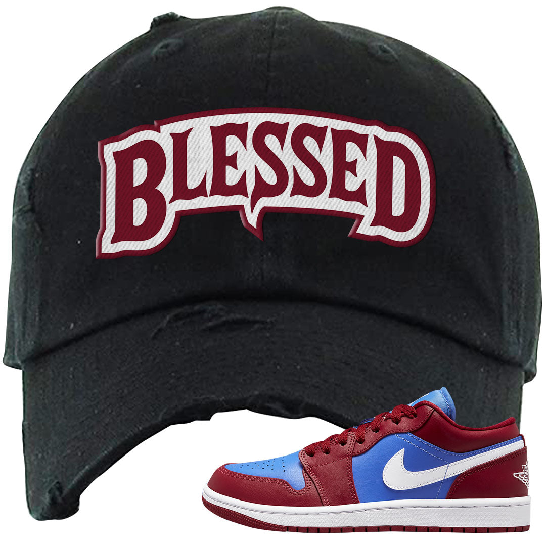 Pomegranate Medium Blue White Low 1s Distressed Dad Hat | Blessed Arch, Black