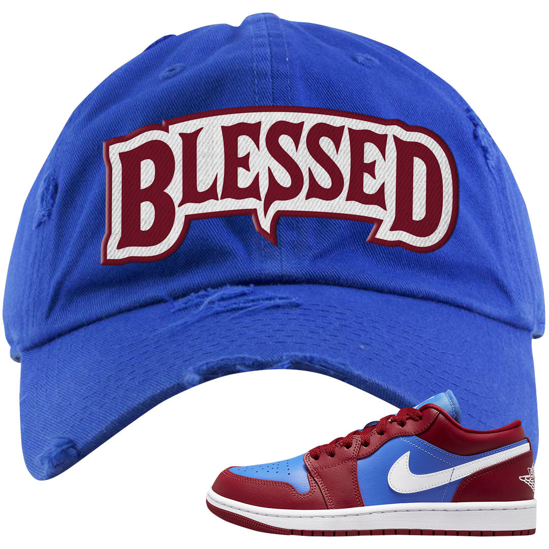 Pomegranate Medium Blue White Low 1s Distressed Dad Hat | Blessed Arch, Royal
