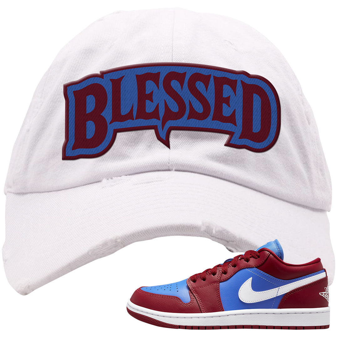 Pomegranate Medium Blue White Low 1s Distressed Dad Hat | Blessed Arch, White