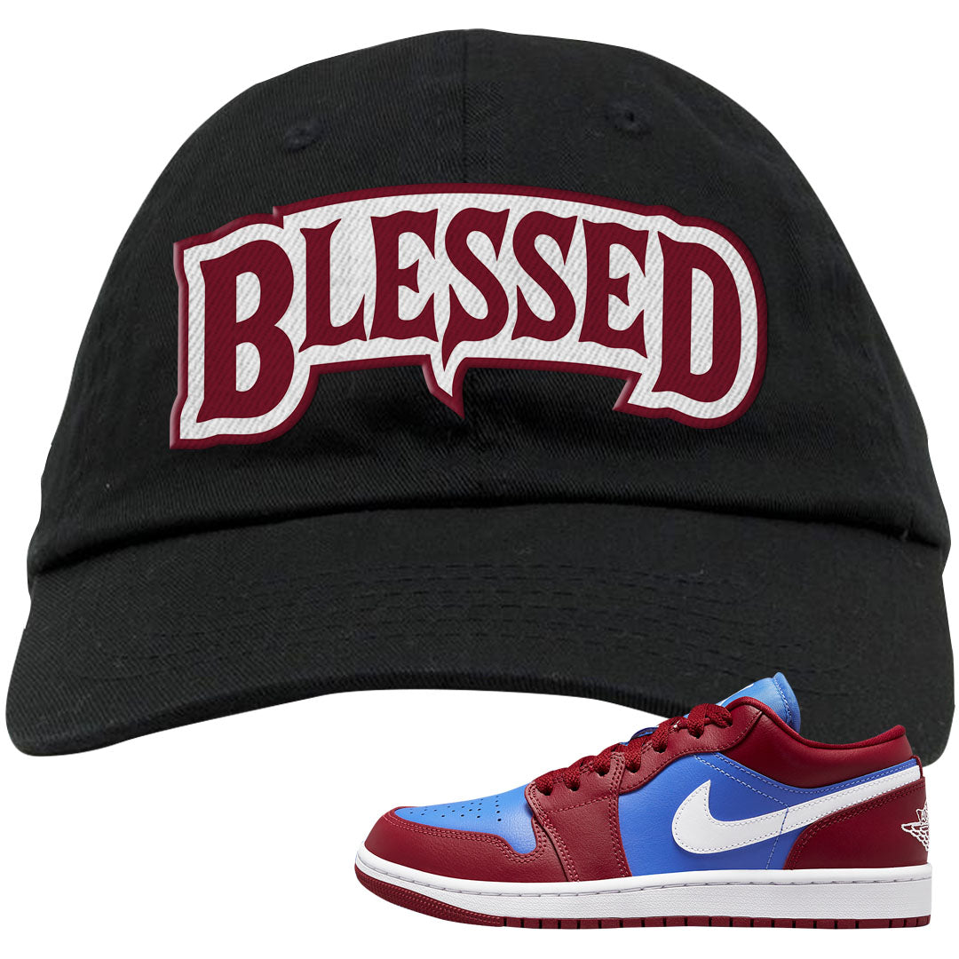Pomegranate Medium Blue White Low 1s Dad Hat | Blessed Arch, Black
