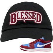 Pomegranate Medium Blue White Low 1s Dad Hat | Blessed Arch, Black