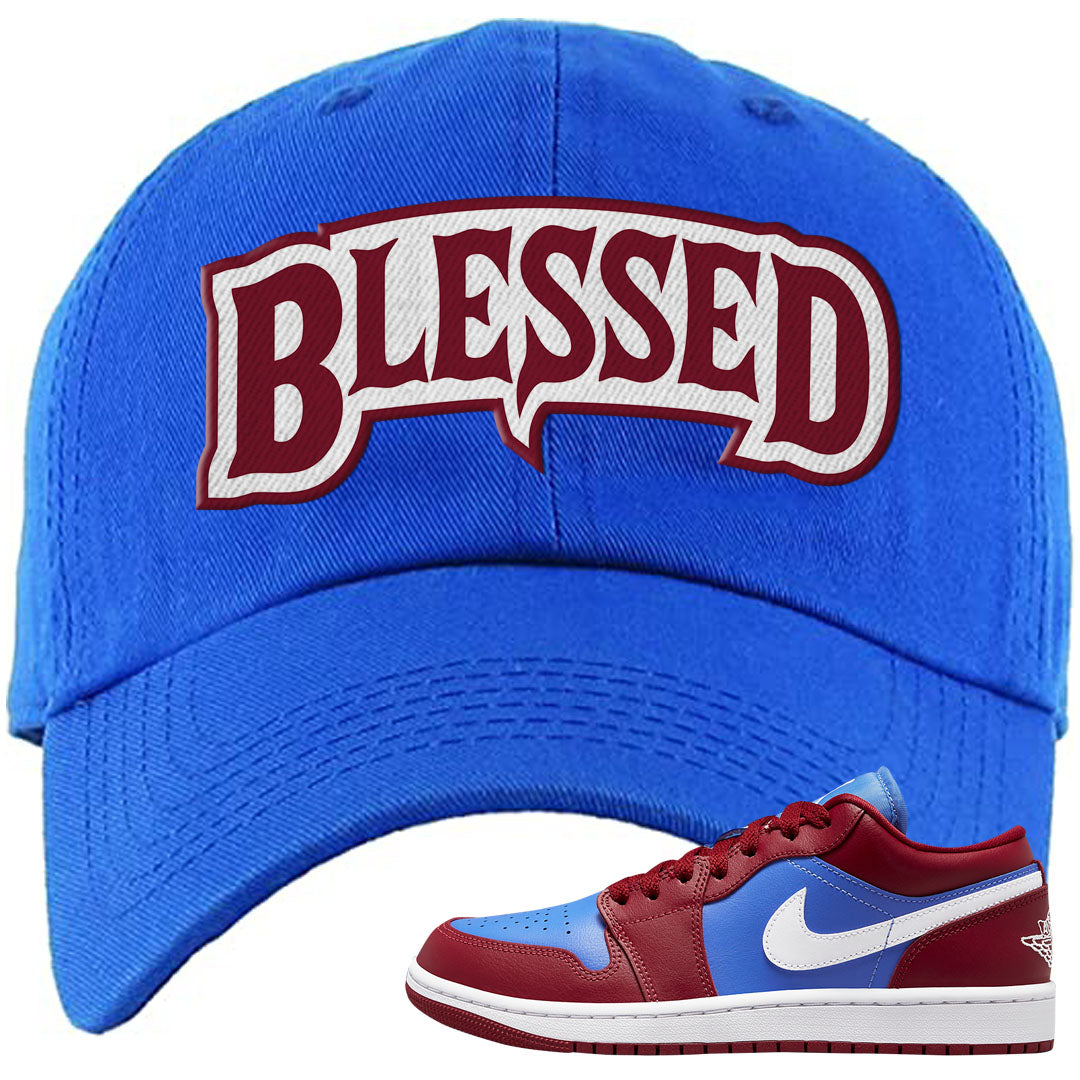 Pomegranate Medium Blue White Low 1s Dad Hat | Blessed Arch, Royal