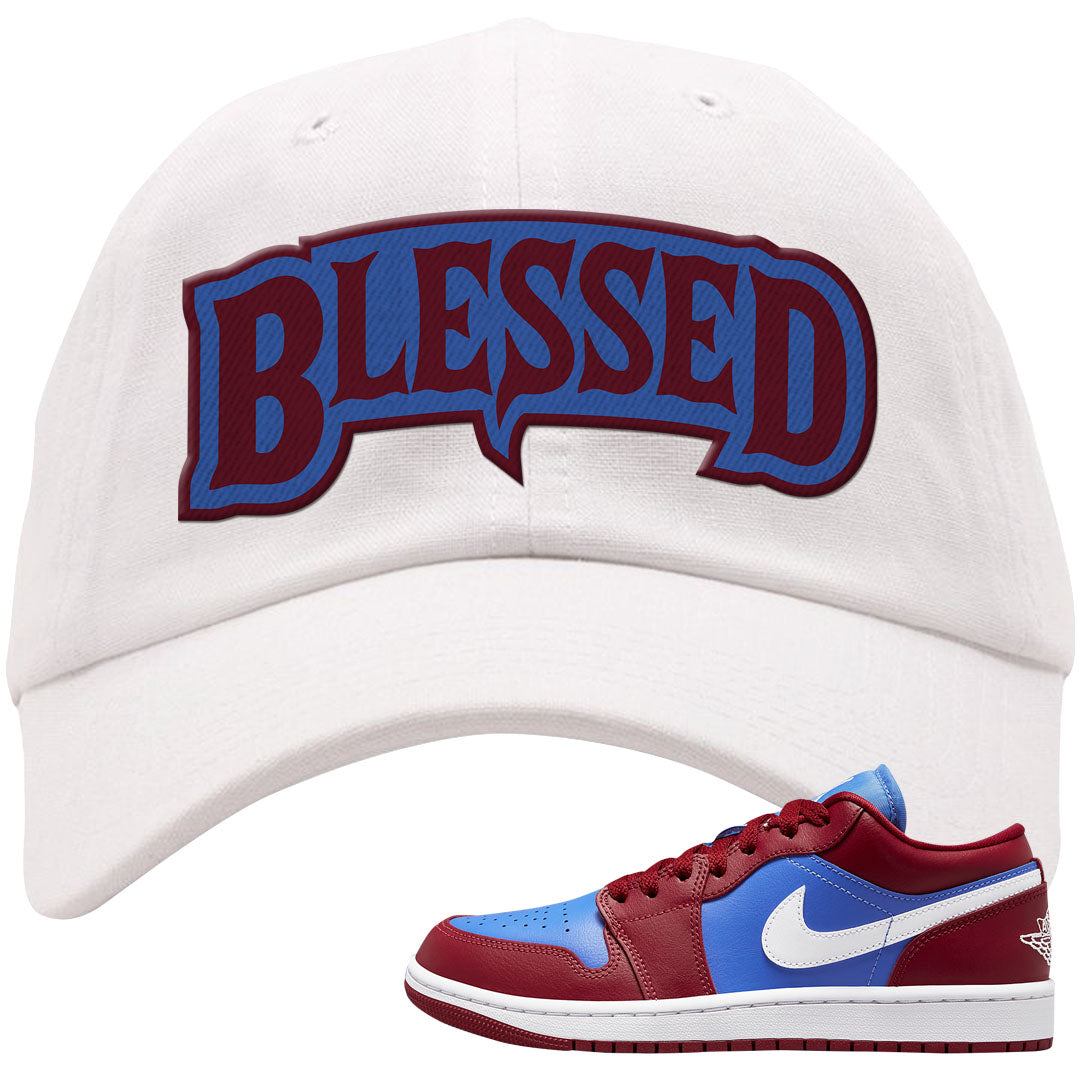 Pomegranate Medium Blue White Low 1s Dad Hat | Blessed Arch, White