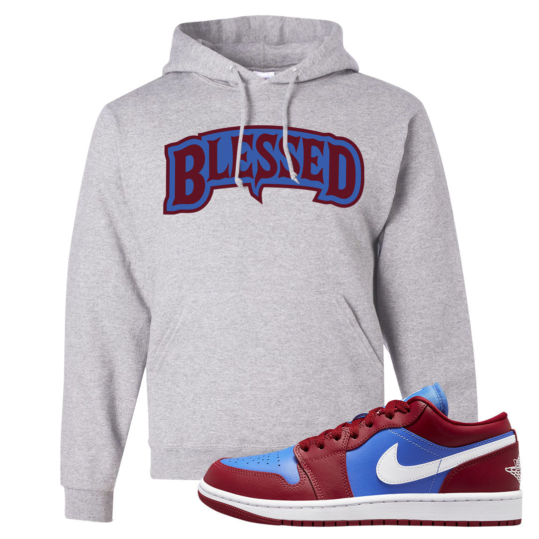Pomegranate Medium Blue White Low 1s Hoodie | Blessed Arch, Ash