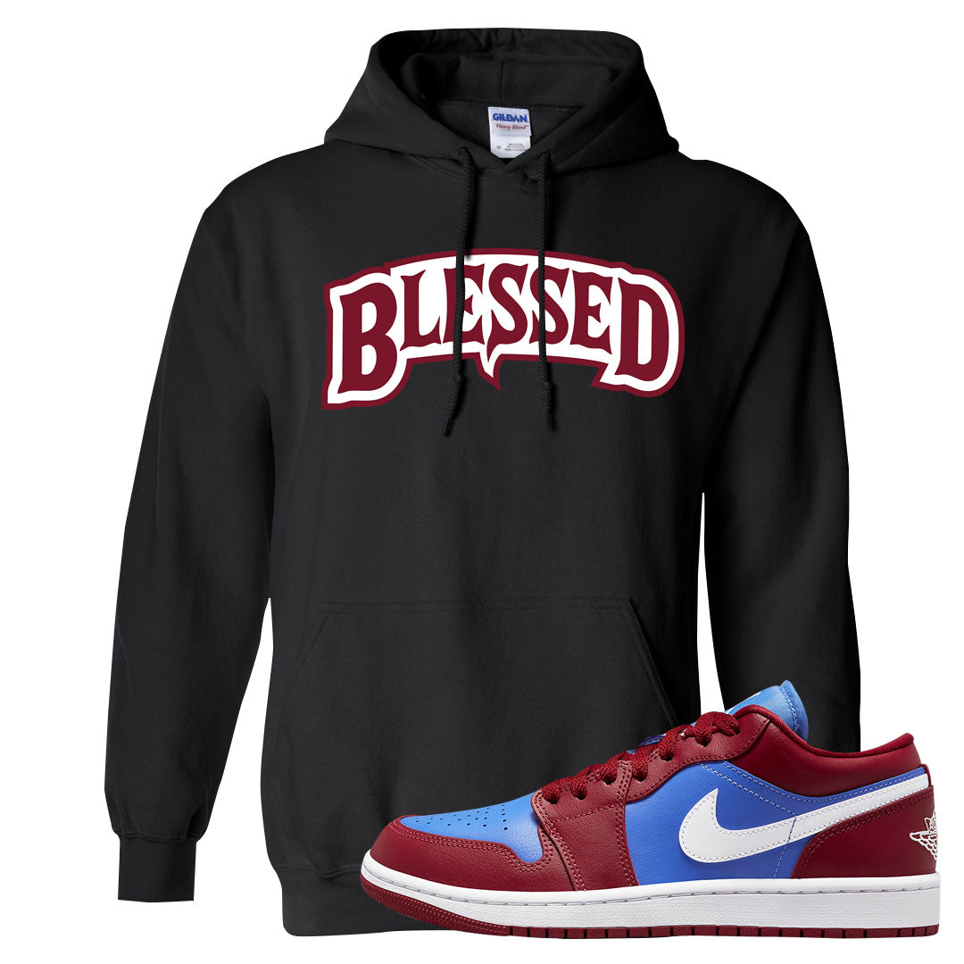 Pomegranate Medium Blue White Low 1s Hoodie | Blessed Arch, Black