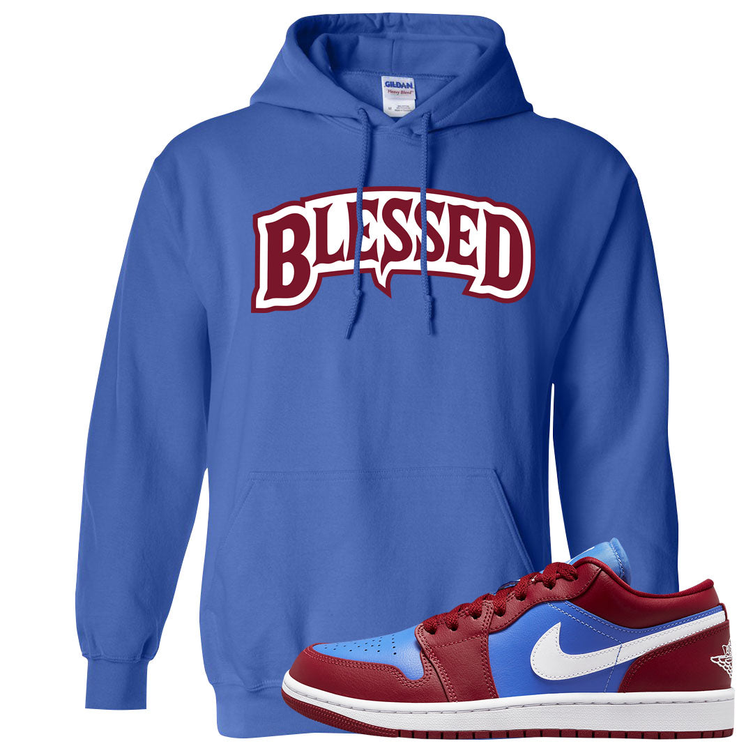 Pomegranate Medium Blue White Low 1s Hoodie | Blessed Arch, Royal