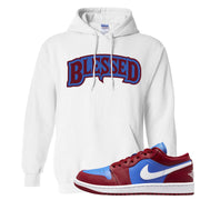 Pomegranate Medium Blue White Low 1s Hoodie | Blessed Arch, White