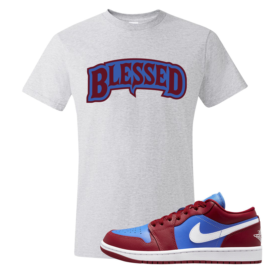 Pomegranate Medium Blue White Low 1s T Shirt | Blessed Arch, Ash