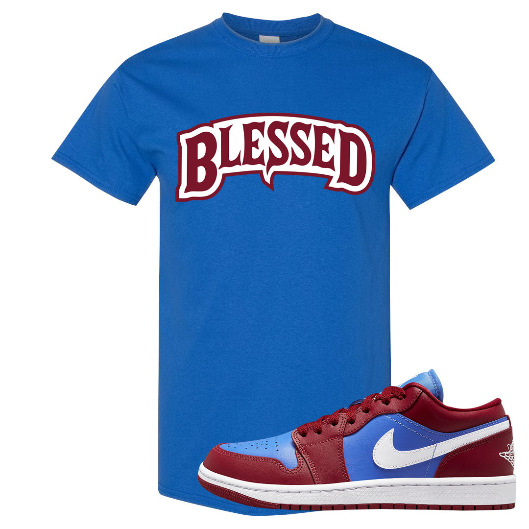 Pomegranate Medium Blue White Low 1s T Shirt | Blessed Arch, Royal