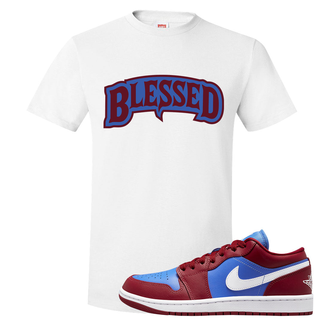 Pomegranate Medium Blue White Low 1s T Shirt | Blessed Arch, White
