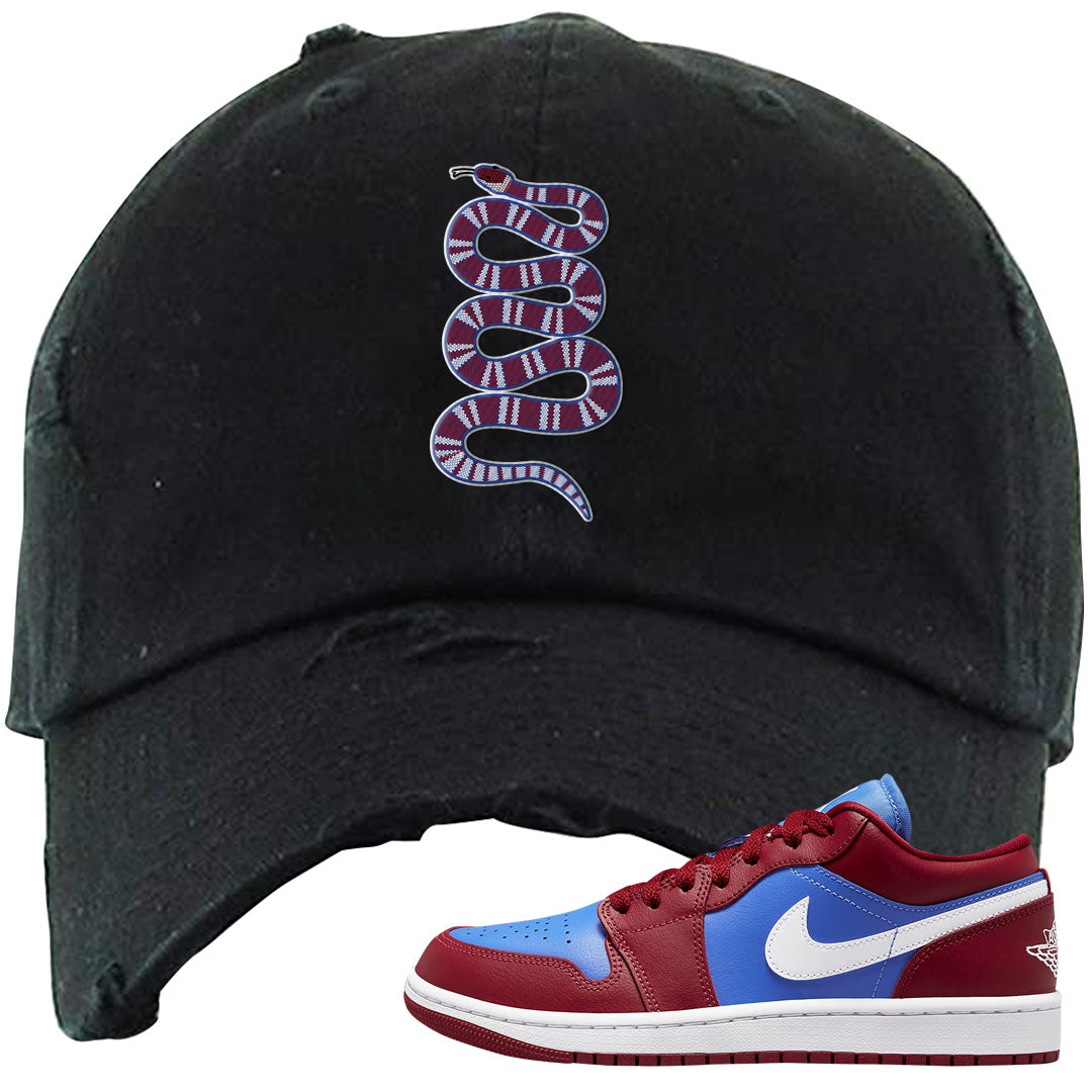 Pomegranate Medium Blue White Low 1s Distressed Dad Hat | Coiled Snake, Black