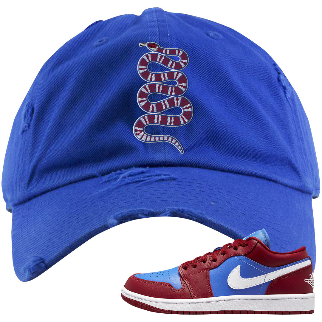 Pomegranate Medium Blue White Low 1s Distressed Dad Hat | Coiled Snake, Royal