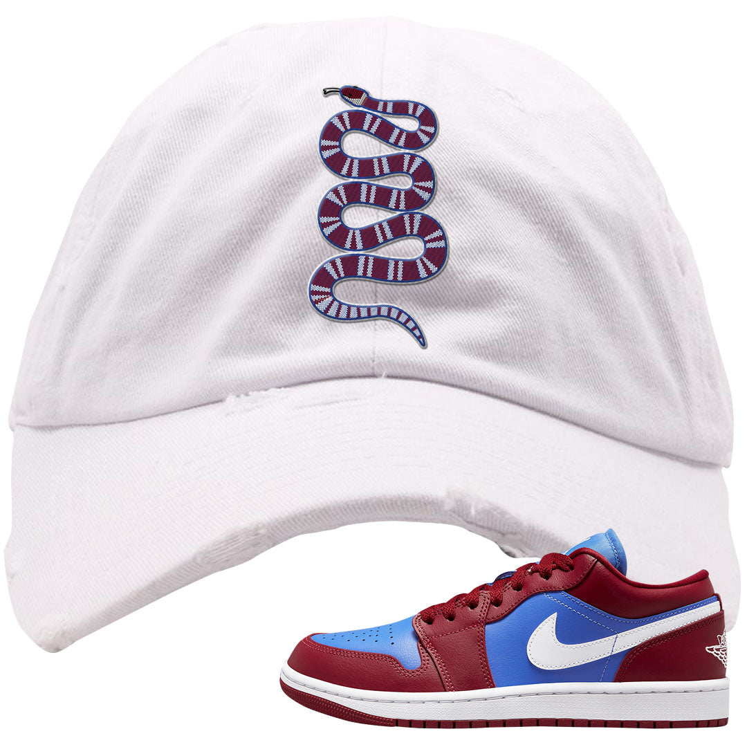 Pomegranate Medium Blue White Low 1s Distressed Dad Hat | Coiled Snake, White